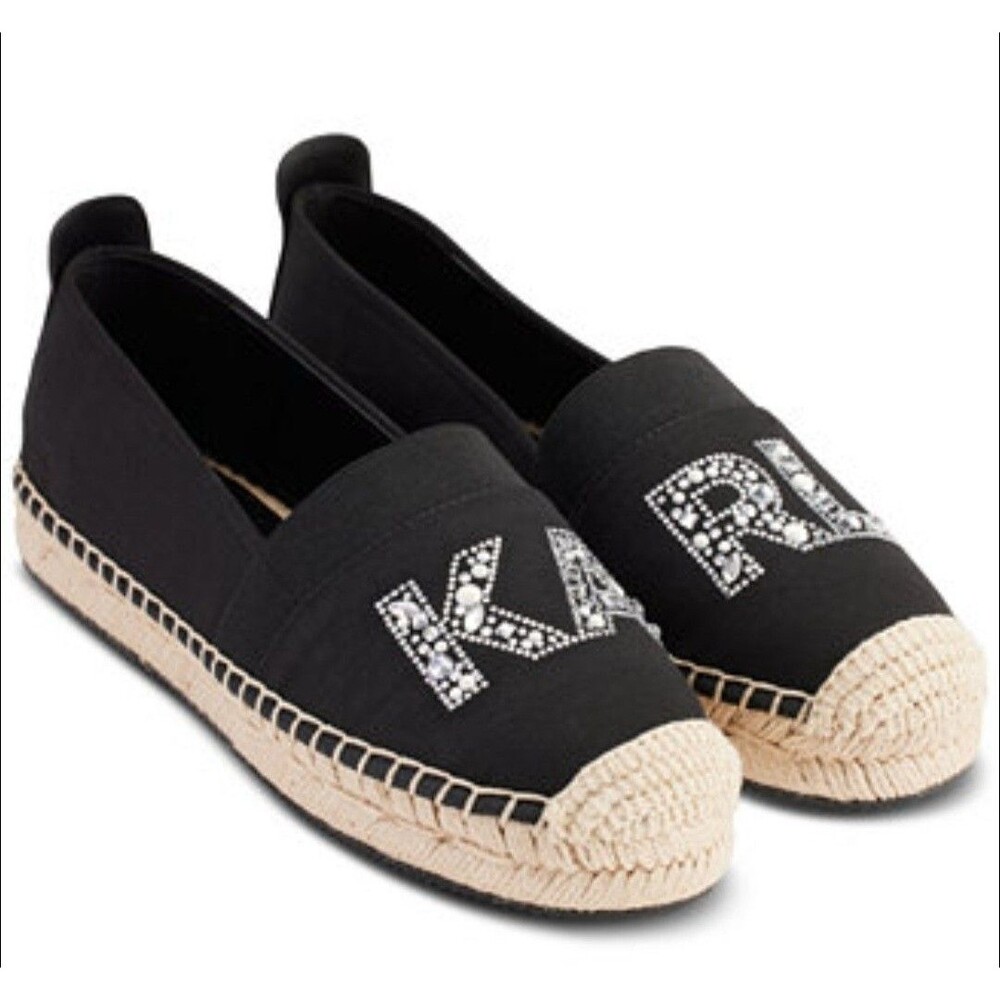 Karl Lagerfeld Summertime Espadrilles Flats Black Rhinestone Crystal Logo US 9M